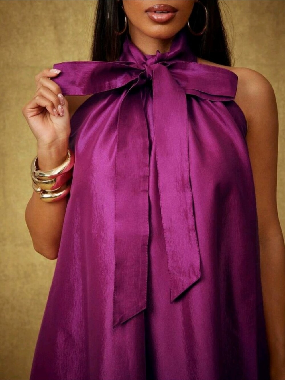 Plum Solid Taffeta Bow Tie Halter Neck Extreme Wide Leg Jumpsuit, Party - Picture 5 of 5